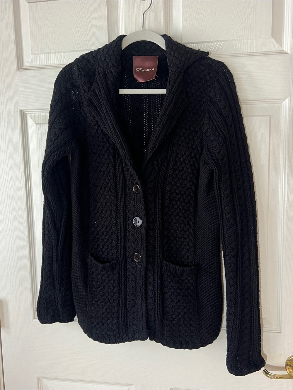 Vintage 525 America COTTON‎ KNIT Black Cable-Knit Button Cardigan, Sz Large
